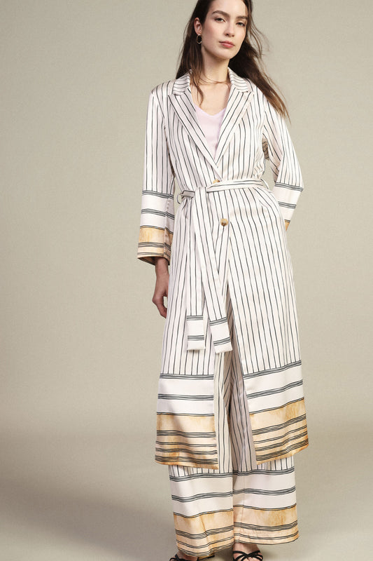 Trench-coat a righe lunghezza midi con cintura
