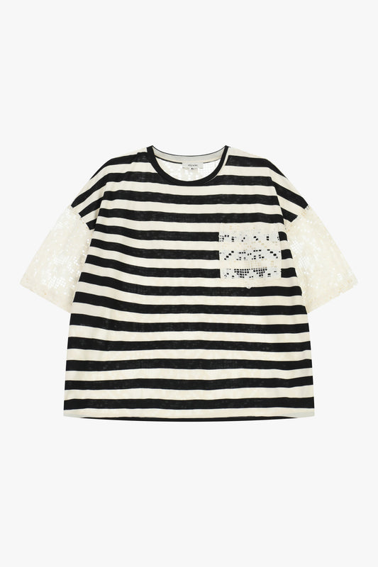 T-shirt a righe con dettagli trasparenti e taschino