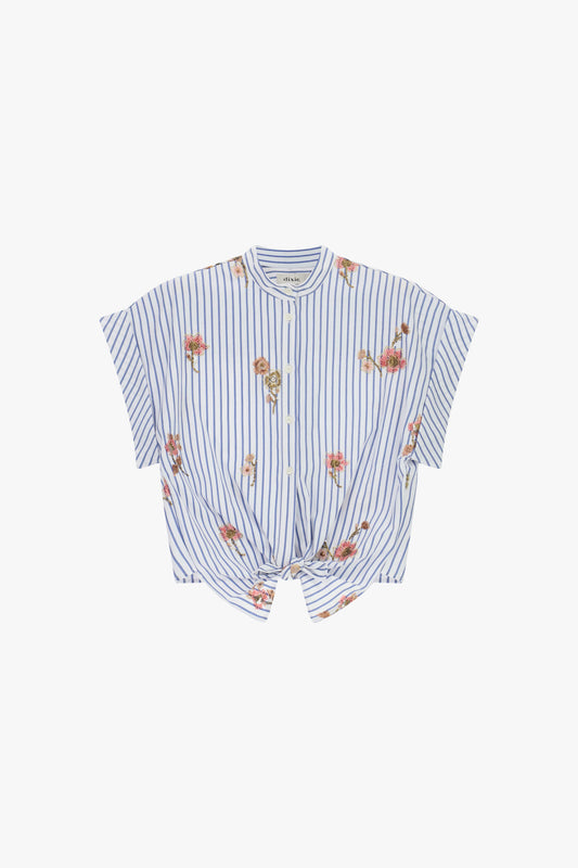 Camicia a righe con nodo e fiori ricamati