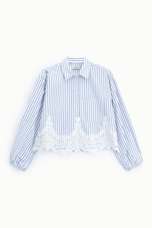 Camicia cropped a righe con tasca e bordo in pizzo