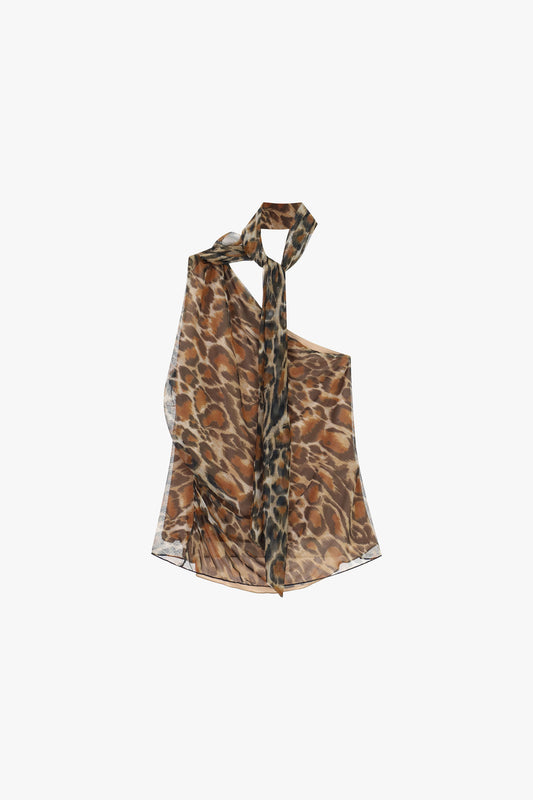 Top monospalla fantasia animalier con fiocco