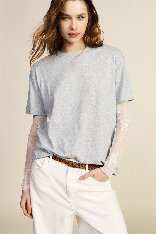 T-shirt girocollo con maniche lunghe in tulle ricamato