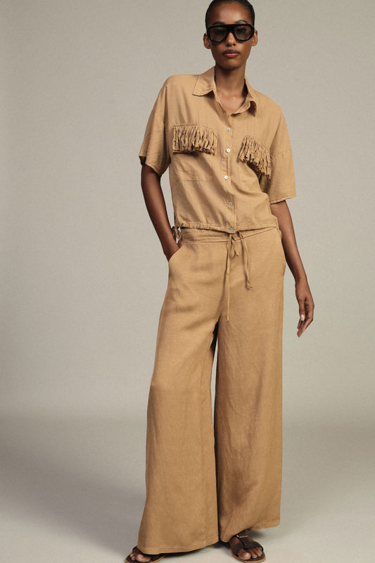 Pantaloni palazzo vita alta con coulisse e tasche