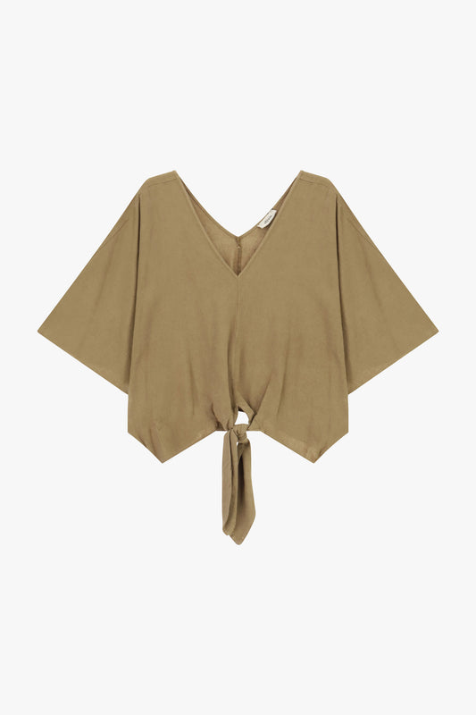 Blusa ampia con nodo frontale e maniche corte