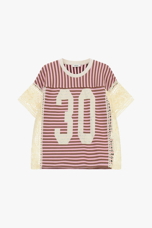 T-shirt a righe con numero e maniche in pizzo