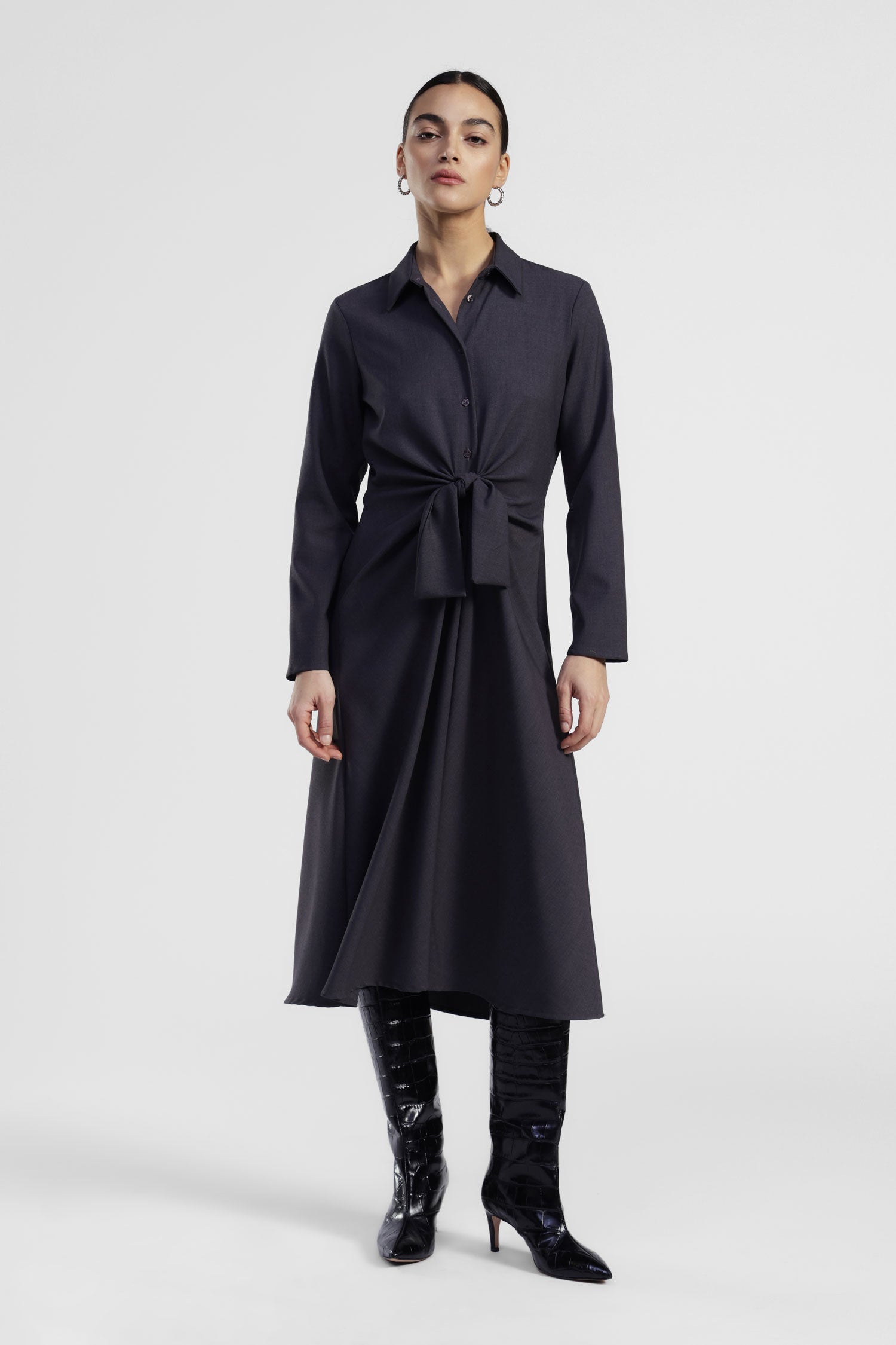 Abito camicia lungo con nodo frontale