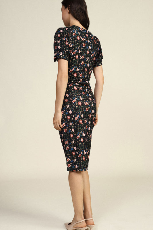 Vestito midi stampa floreale con maniche arricciate
