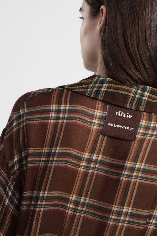 Shirt corta a quadri con coulisse e maniche ampie