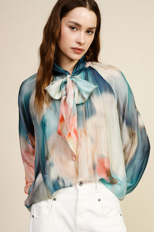 Blusa girocollo stampa acquarello maniche lunghe