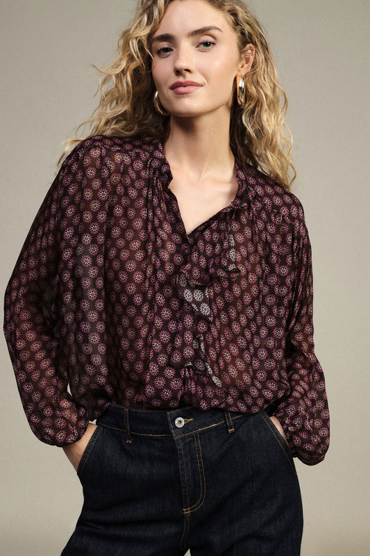 Blusa ampia stampa floreale volant davanti