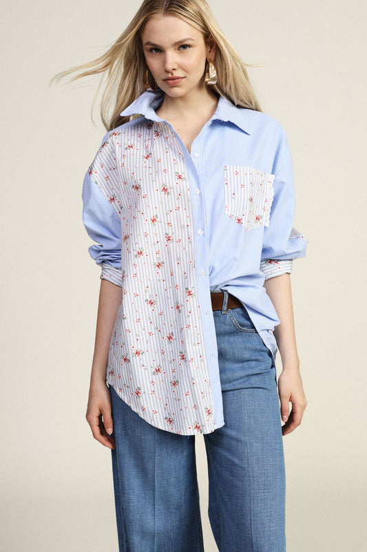 Camicia oversize stampa floreale e quadretti