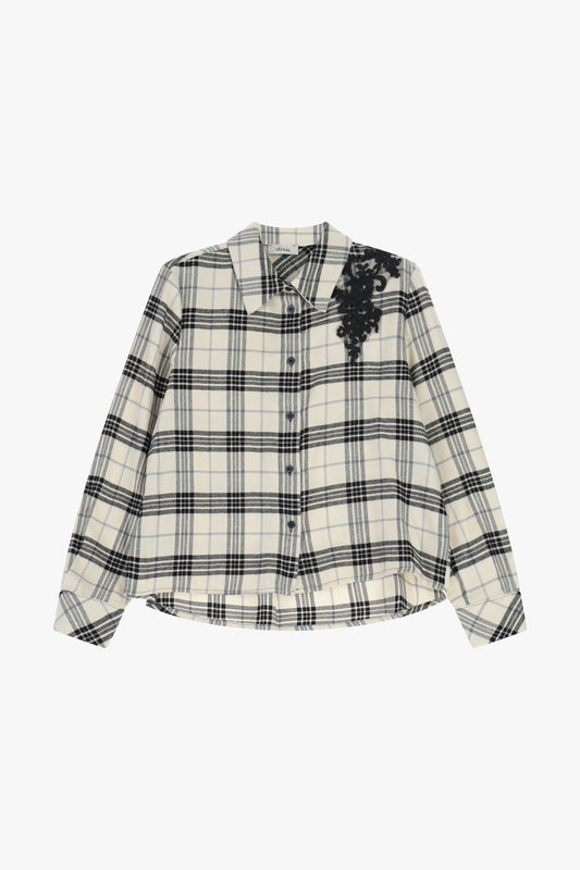 Shirt a quadri con applicazione floreale sul petto