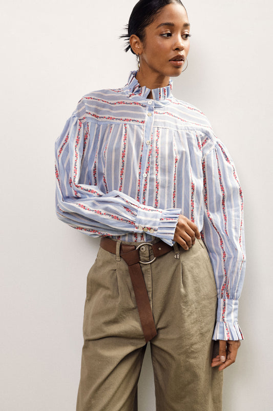 Camicia a righe collo arricciato maniche lunghe
