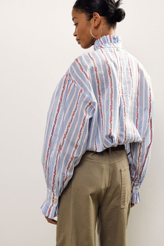 Camicia a righe collo arricciato maniche lunghe