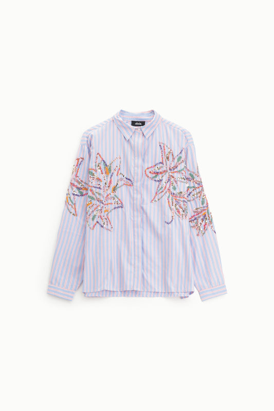 Camicia a righe con ricami floreali e maniche lunghe