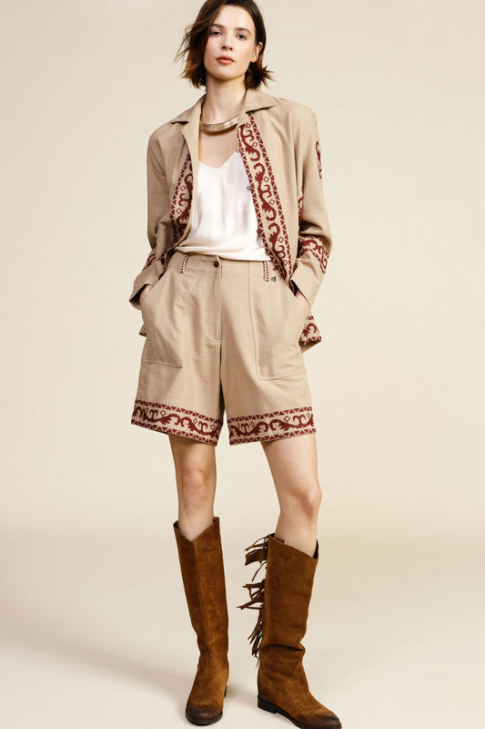 Shorts alla ginocchio con tasche frontali e bordi stampati