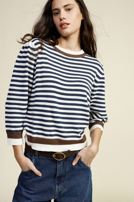 Maglione a righe con collo girocollo e polsini a contrasto