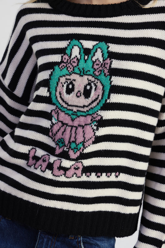 Maglione a righe con motivo cartoon frontale