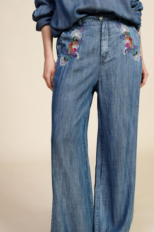 Pantaloni palazzo ricamo floreale vita alta