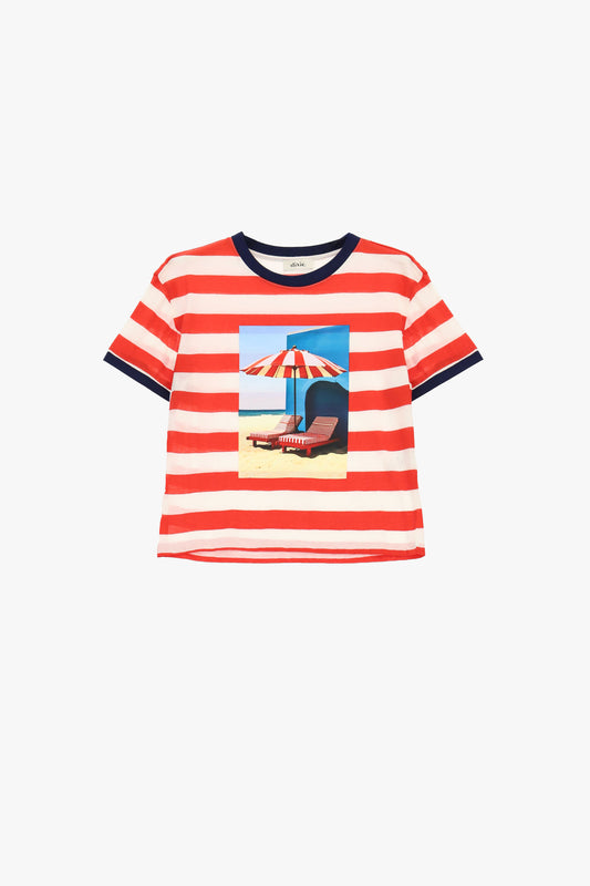 T-shirt a righe con stampa fotografica frontale