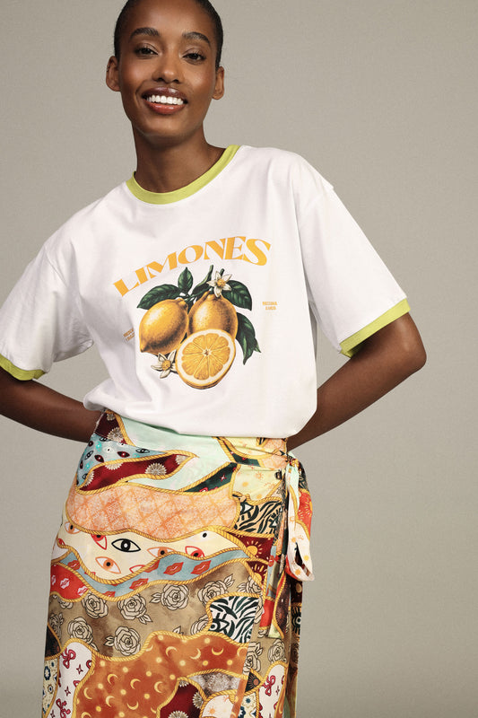 T-shirt stampa limoni girocollo profili a contrasto