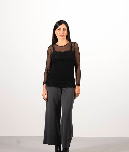 Maglione pullover trasparente con dettagli in pizzo