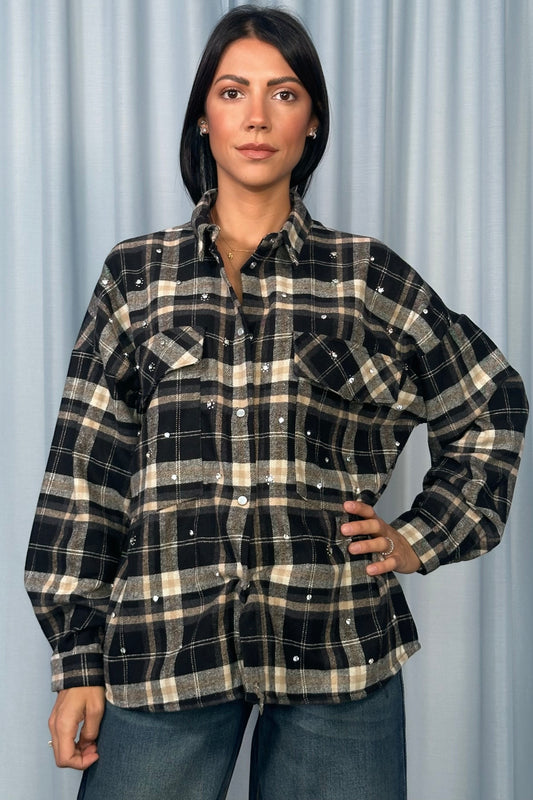Camicia a quadri con tasche e dettagli brillanti