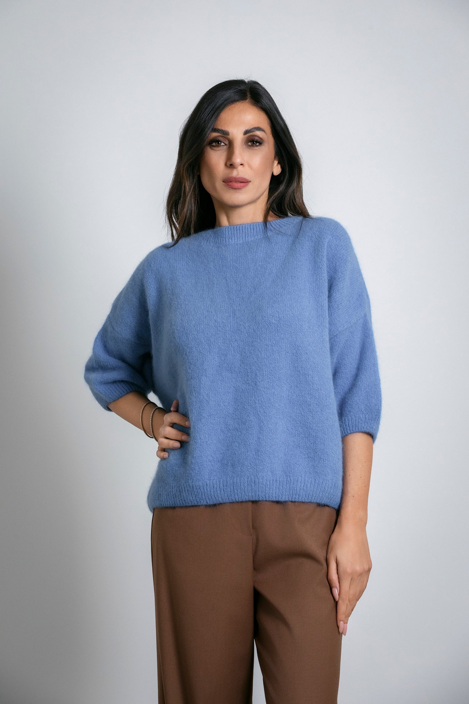 Maglia manica 3/4 girocollo in morbido mohair