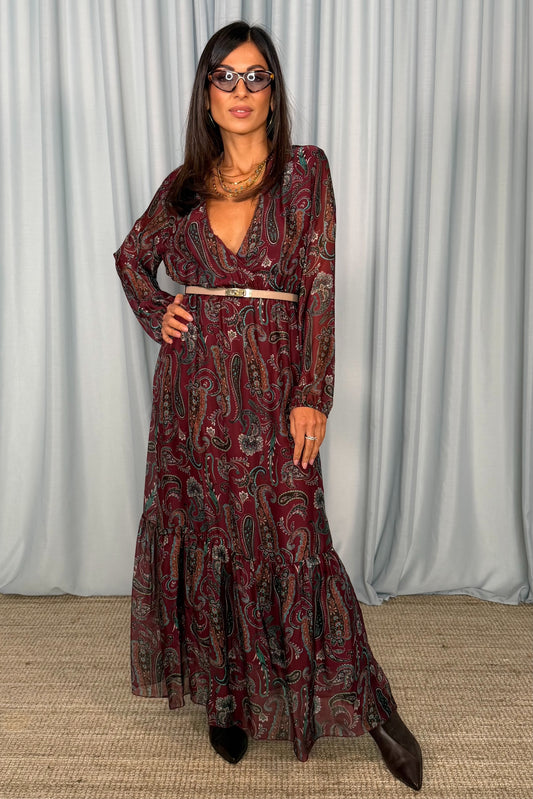 Abito lungo stampa paisley con scollo a v