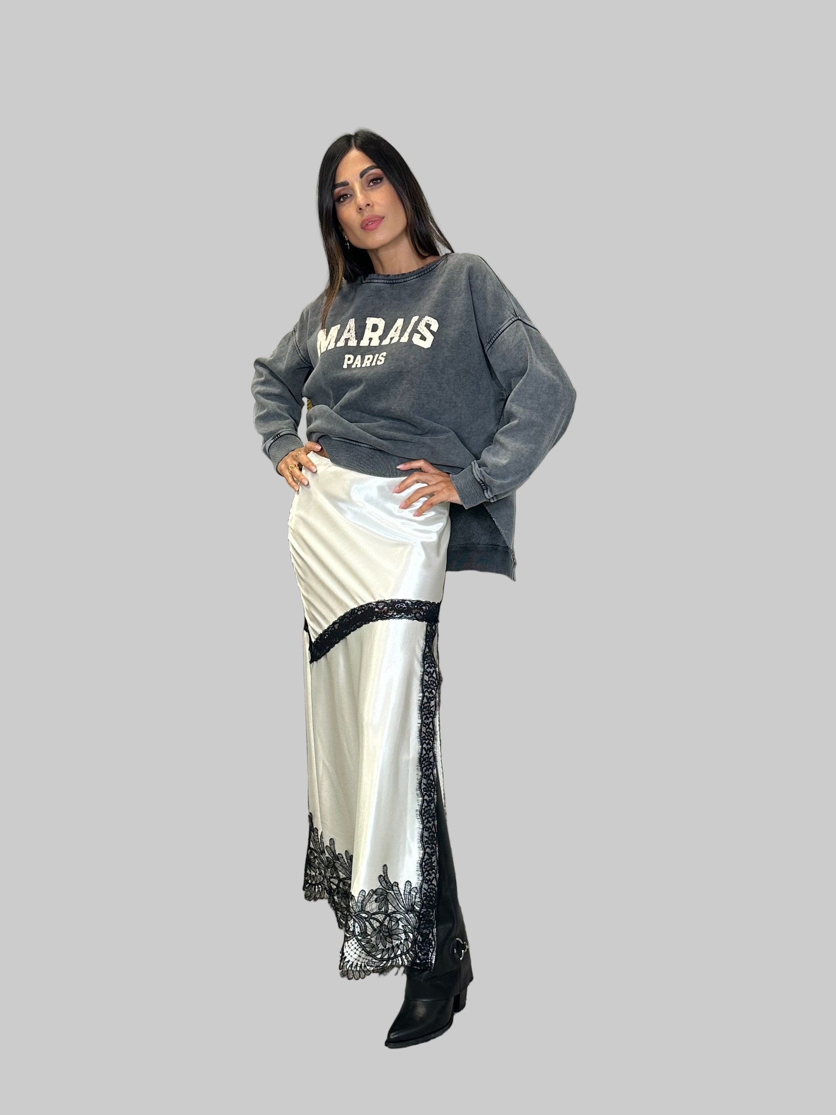 Gonna midi con inserto in pizzo a contrasto