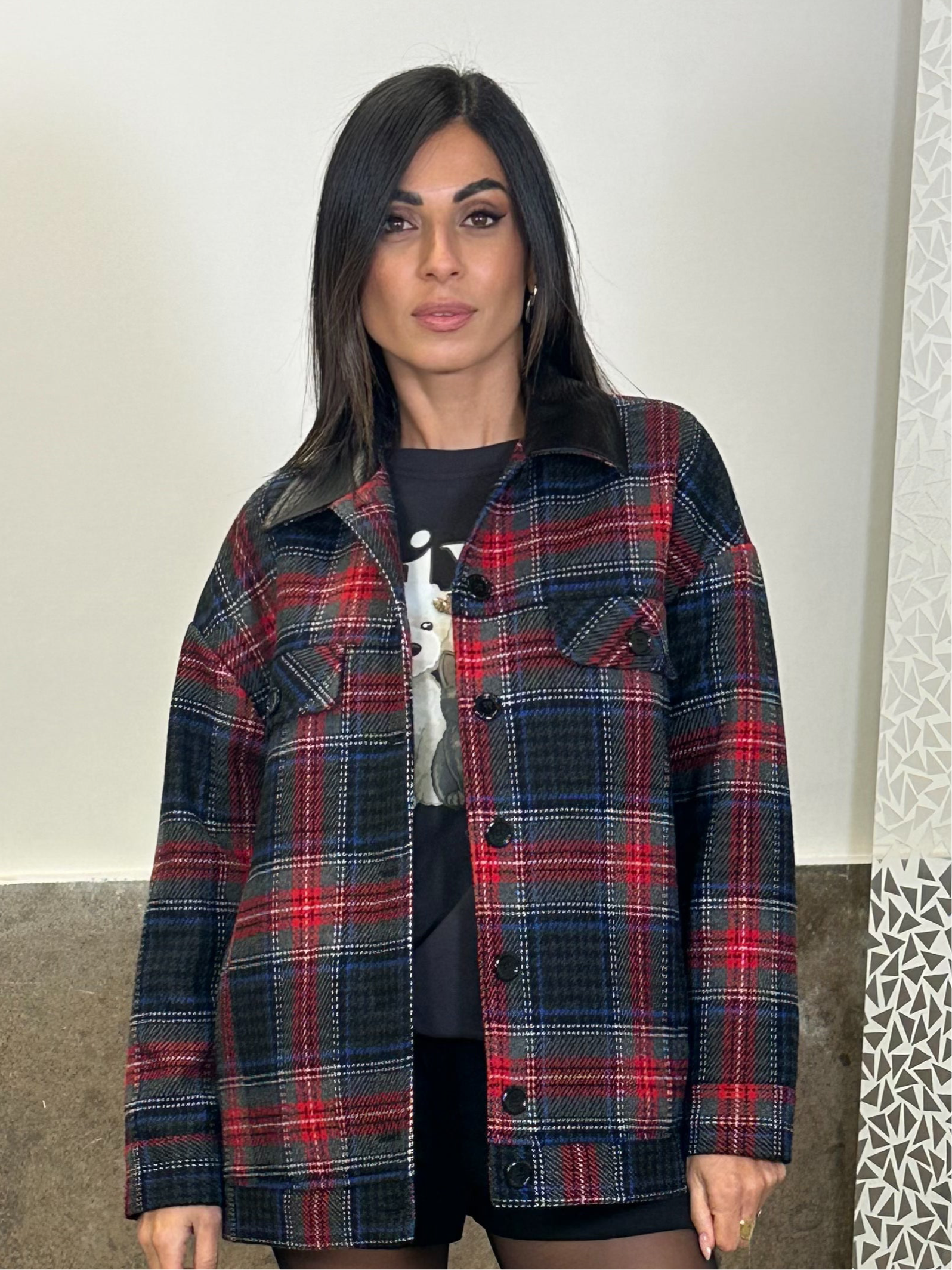 Giacca camicia a quadri con tasche frontali