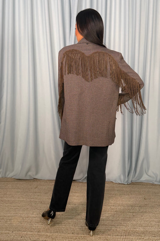 Blazer a quadretti con frange decorative e tasche