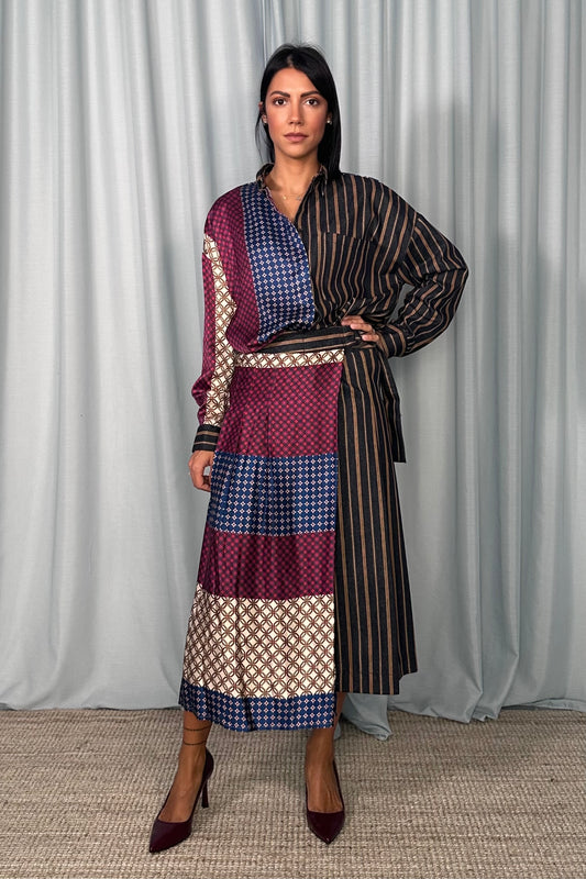 Camicia patchwork con motivi geometrici e righe