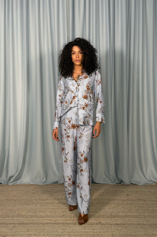 Pantaloni palazzo a righe con motivo floreale