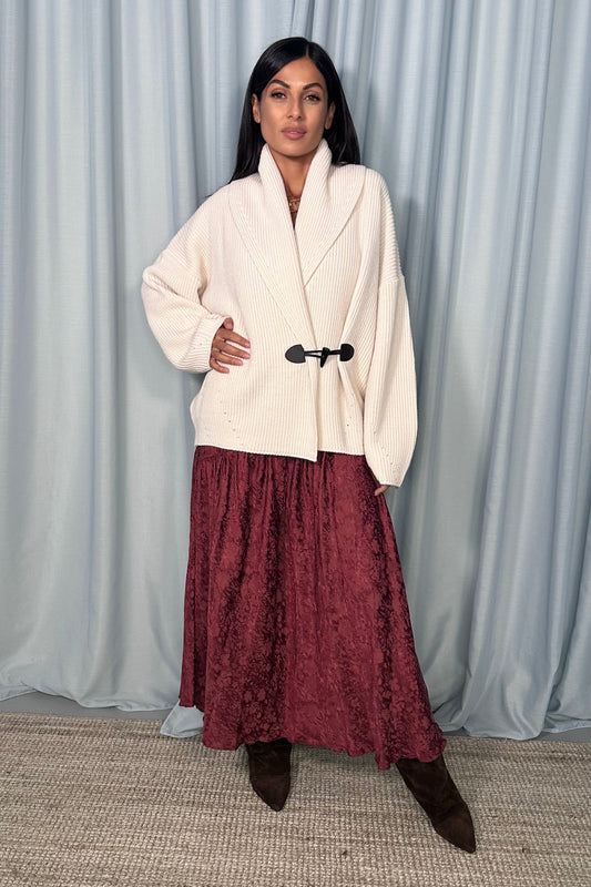 Cardigan con collo sciallato e chiusura a gancio