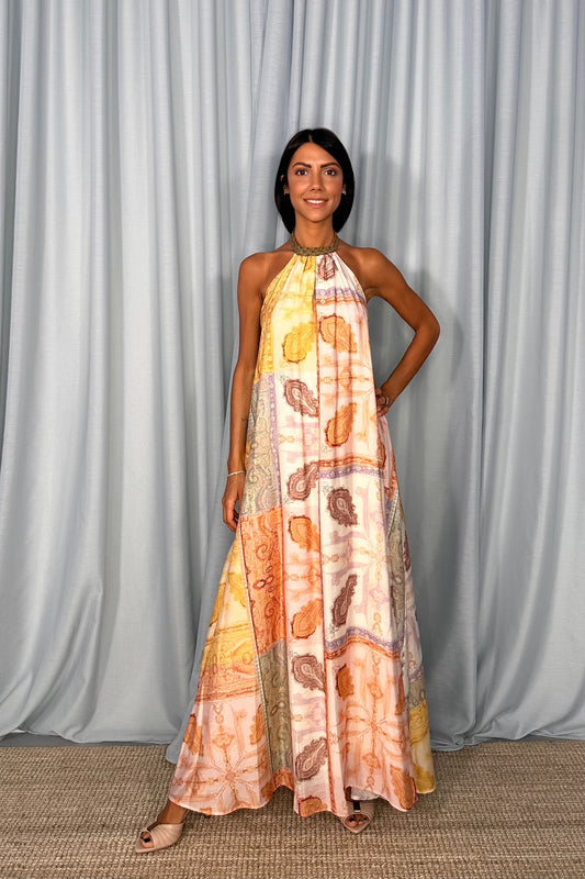 Abito lungo stampa patchwork con scollo annodato