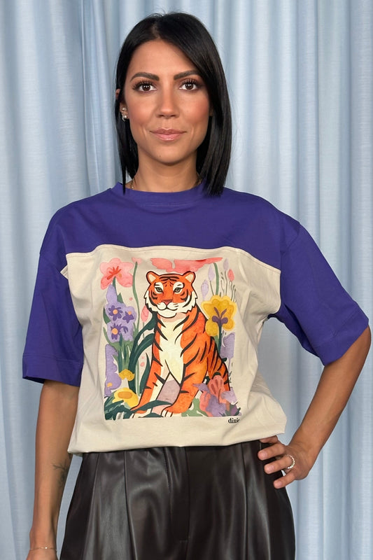 T-shirt maniche corte stampa tigre floreale
