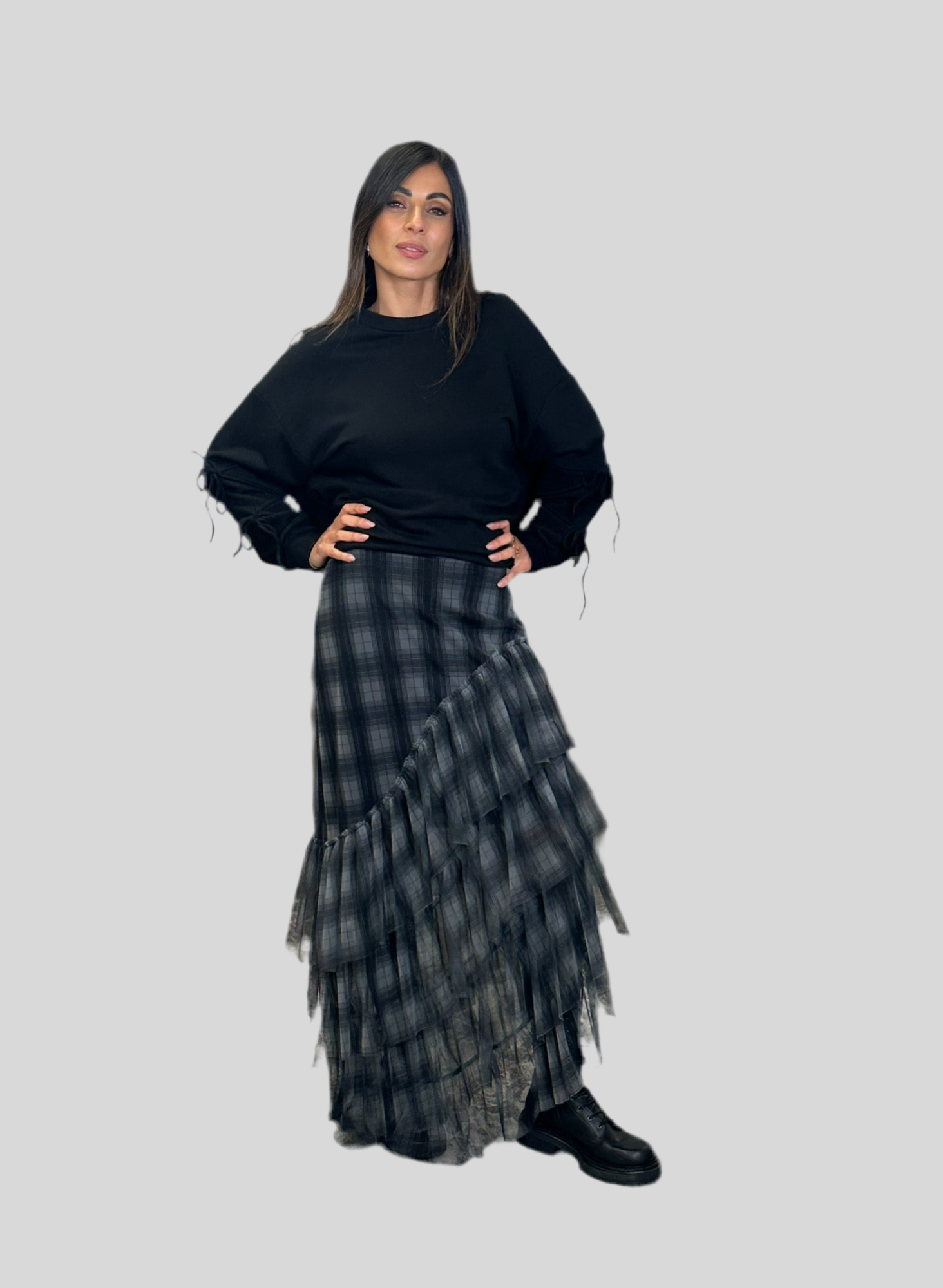 Gonna midi a quadri con balze in tulle