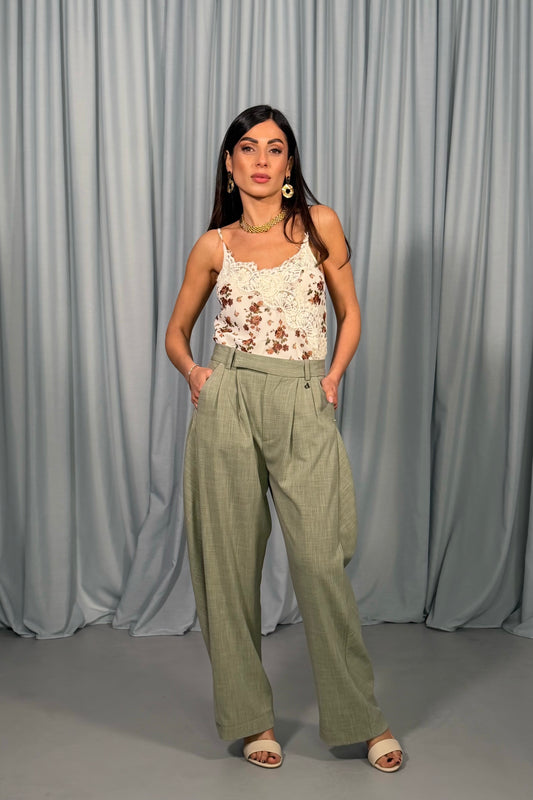 Pantaloni palazzo cropped vita alta con pinces