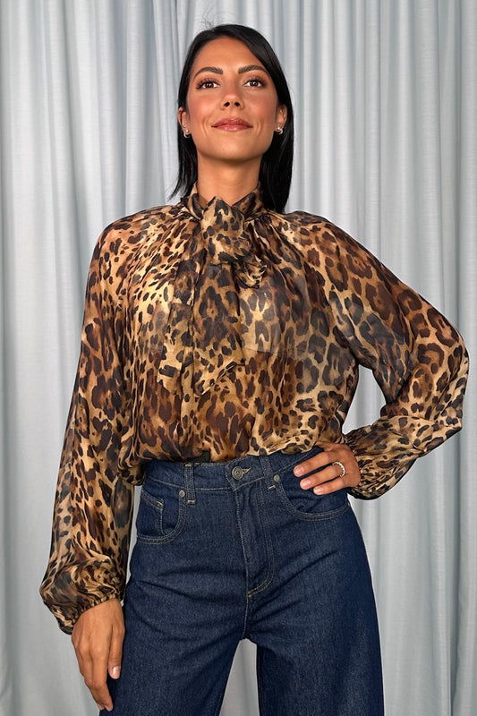 Camicia stampa animalier con fiocco e maniche lunghe