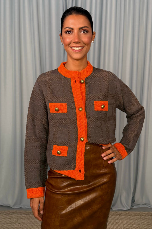 Cardigan corto con motivo geometrico e quattro tasche