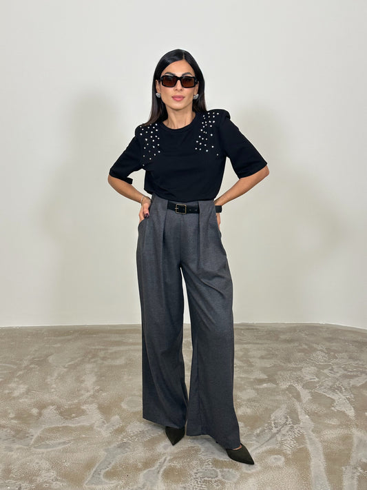 Pantaloni palazzo a vita alta con cintura