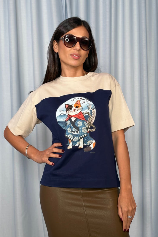 T-shirt maniche corte stampa gatto kimono