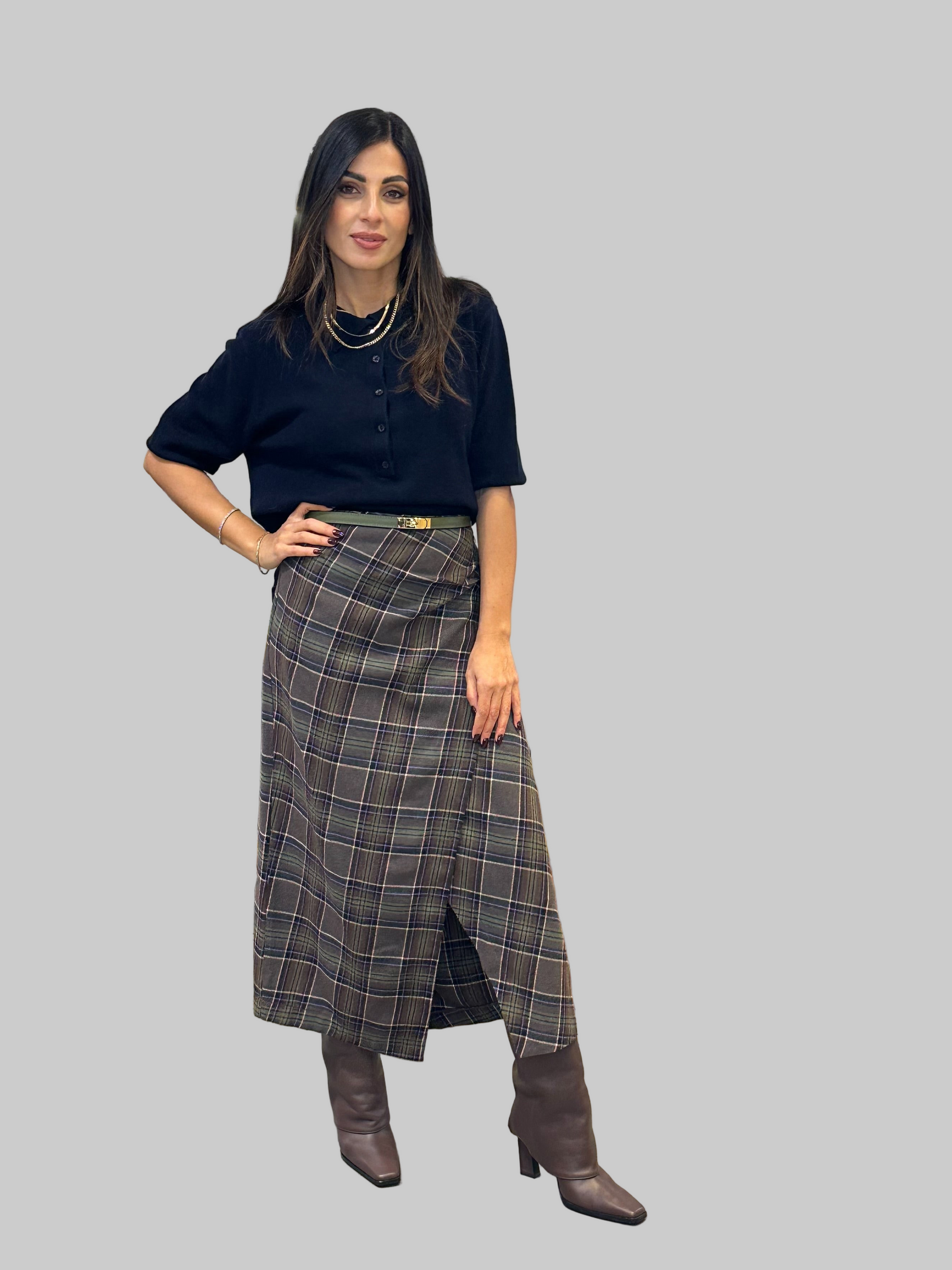 Gonna a portafoglio a quadri con spacco frontale