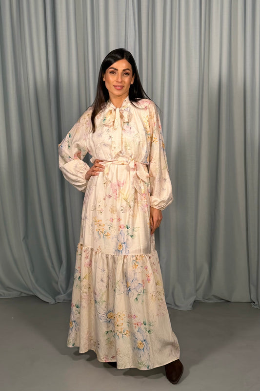 Abito lungo stampa floreale con cintura