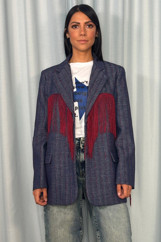 Blazer a righe con frange decorative lunghe