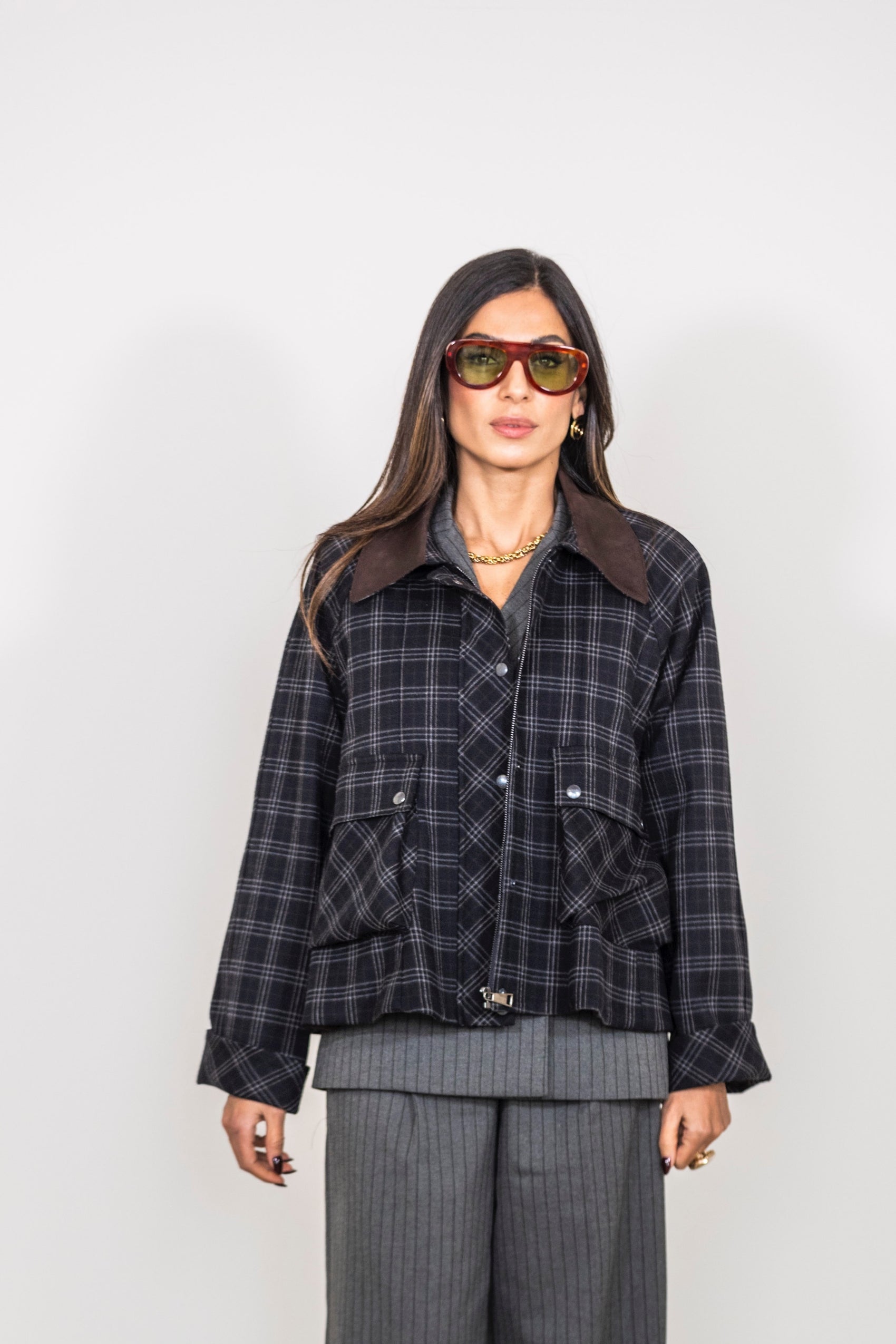 Giubbotto check colletto velluto