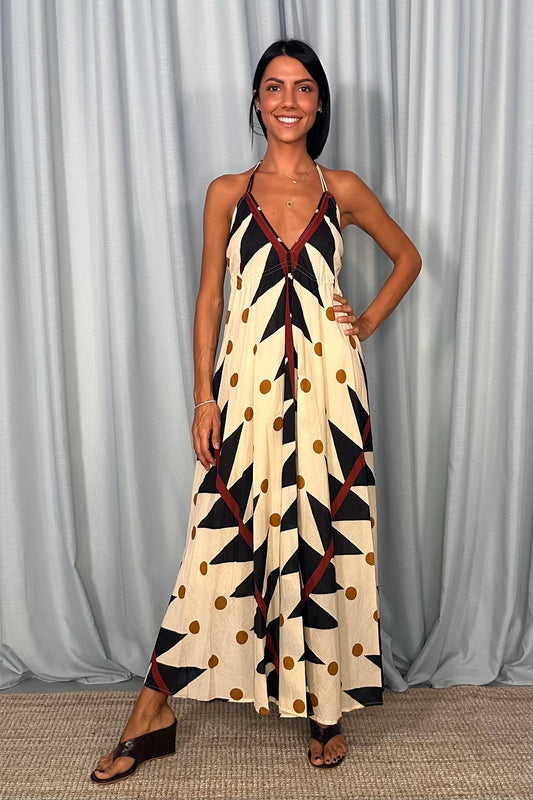 Abito lungo con stampa geometrica e polka dot