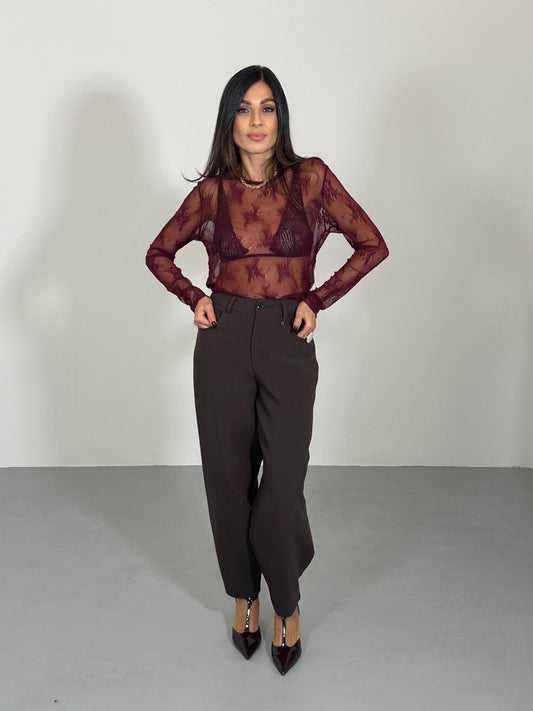 T-shirt maniche lunghe in tulle ricamato