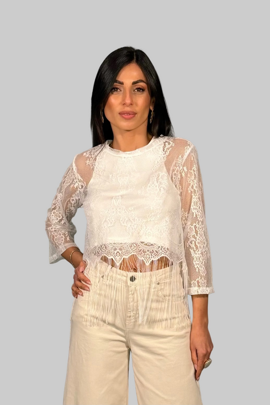 Top con maniche trasparenti e frange decor
